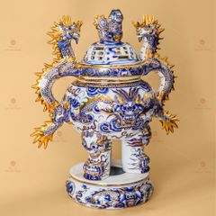 Đỉnh Hương Men Lam Vẽ Vàng Họa Tiết Thanh Long