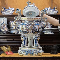 Đỉnh Hương Thờ Men Lam Vẽ Vàng Kim