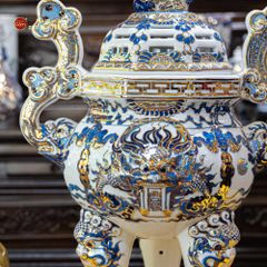 Đỉnh Hương Thờ Men Lam Vẽ Vàng Kim