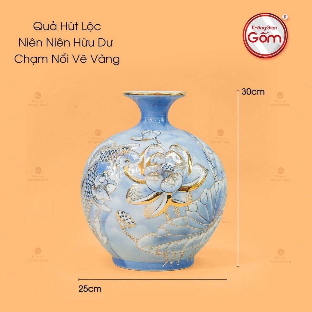 Quả Hút Lộc Niên Niên Hữu Dư Chạm Nổi Vẽ Vàng
