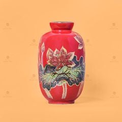 Lọ Hoa Dáng Trụ Men Đỏ Hoa Sen Vẽ Vàng