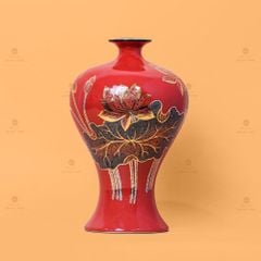 Lọ Hoa Dáng Mai Bình Men Đỏ Hoa Sen Vẽ Vàng