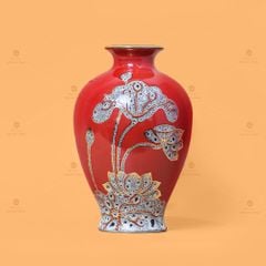 Lọ Hoa Men Đỏ Hoa Sen Chàm Vẽ Vàng