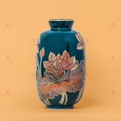 Lọ Hoa Dáng Trụ Men Xanh Hoa Sen Vẽ Vàng