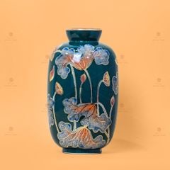 Lọ Hoa Dáng Trụ Men Xanh Búp Sen Vẽ Vàng