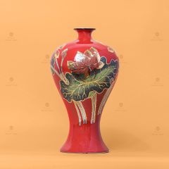 Lọ Hoa Dáng Mai Bình Men Đỏ Hoa Sen Vẽ Vàng