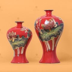 Lọ Hoa Dáng Mai Bình Men Đỏ Hoa Sen Vẽ Vàng
