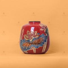Lọ Hoa Dáng Lu Men Đỏ Hoa Sen Vẽ Vàng