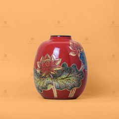 Lọ Hoa Dáng Lu Men Đỏ Hoa Sen Vẽ Vàng