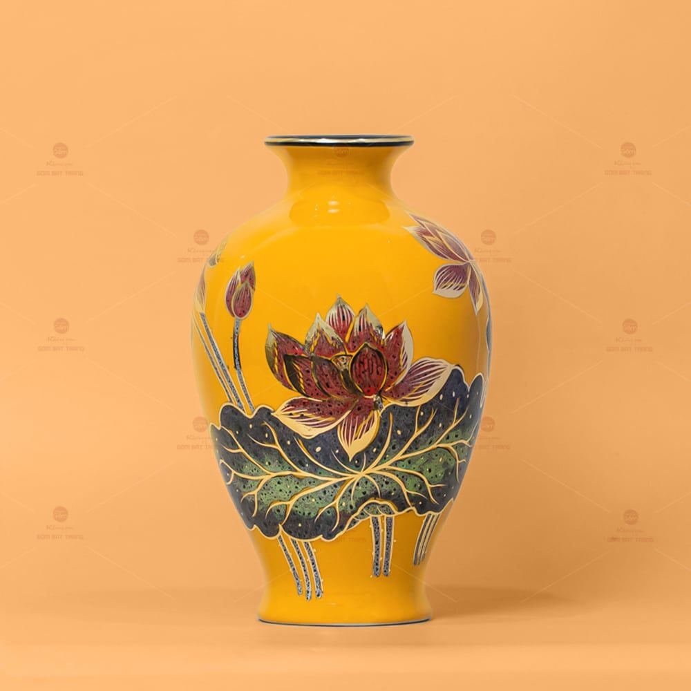 Lọ Hoa Miệng Loe Hoa Sen Vẽ Vàng