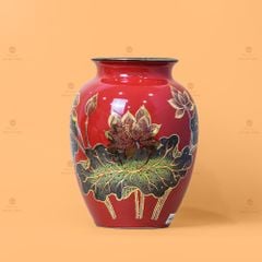 Lọ Hoa Cổ Cao Men Đỏ Hoa Sen Vẽ Vàng