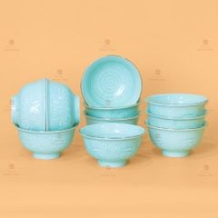 Bộ Bát Đĩa Men Xanh Ngọc Hoa Cúc Kẻ Vàng