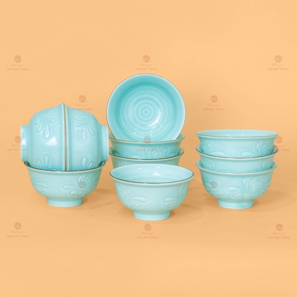 Bộ Bát Đĩa Men Xanh Ngọc Hoa Cúc Kẻ Nâu