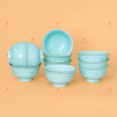 Bộ Bát Đĩa Men Xanh Ngọc Hoa Cúc Kẻ Nâu