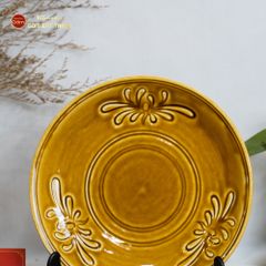 Đĩa Men Nâu Vân Hoa Cúc
