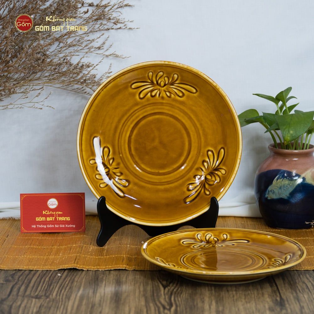Bộ Bát Đĩa Men Nâu Vân Hoa Cúc