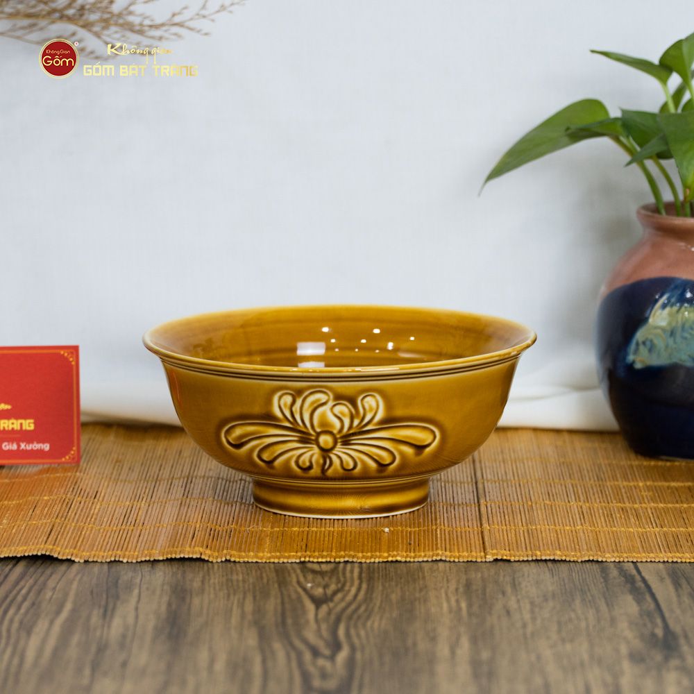Bộ Bát Đĩa Men Nâu Vân Hoa Cúc