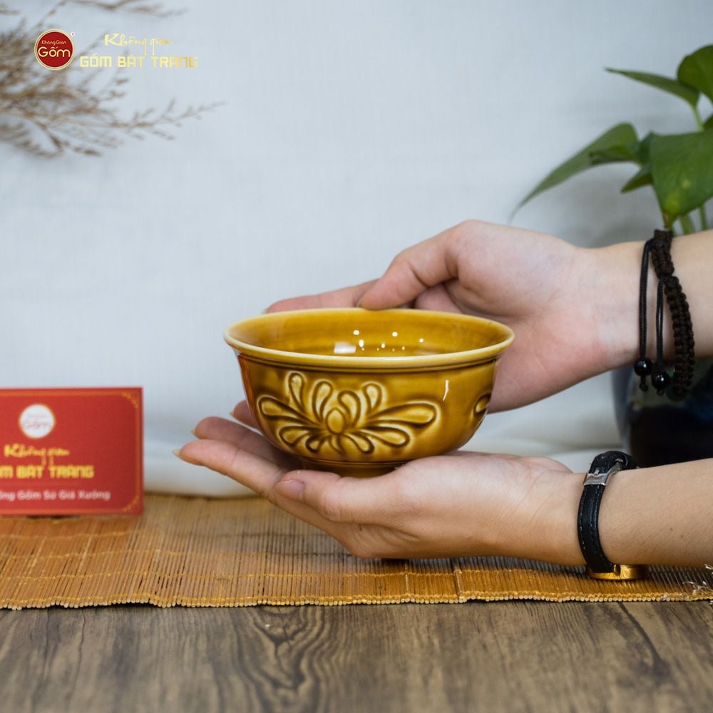 Bộ Bát Đĩa Men Nâu Vân Hoa Cúc