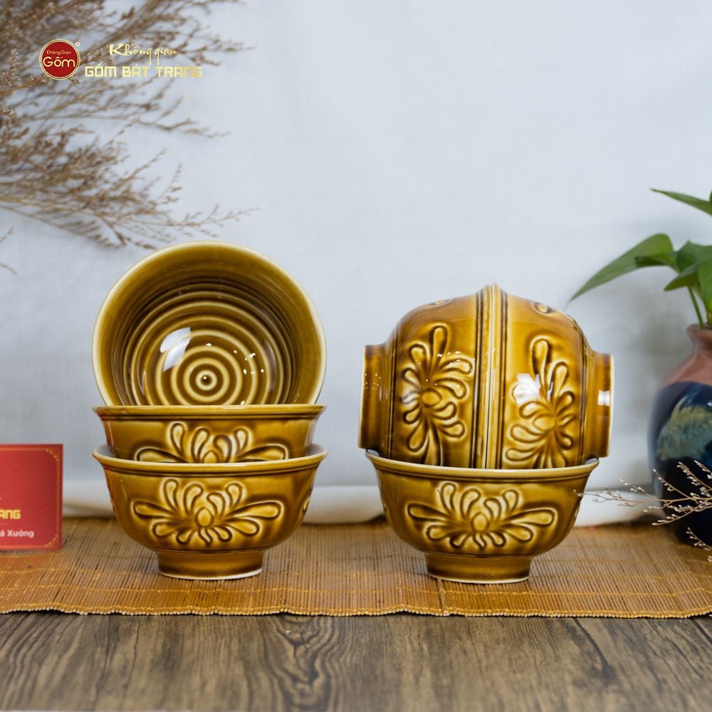 Bộ Bát Đĩa Men Nâu Vân Hoa Cúc