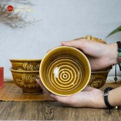 Bộ Bát Đĩa Men Nâu Vân Hoa Cúc