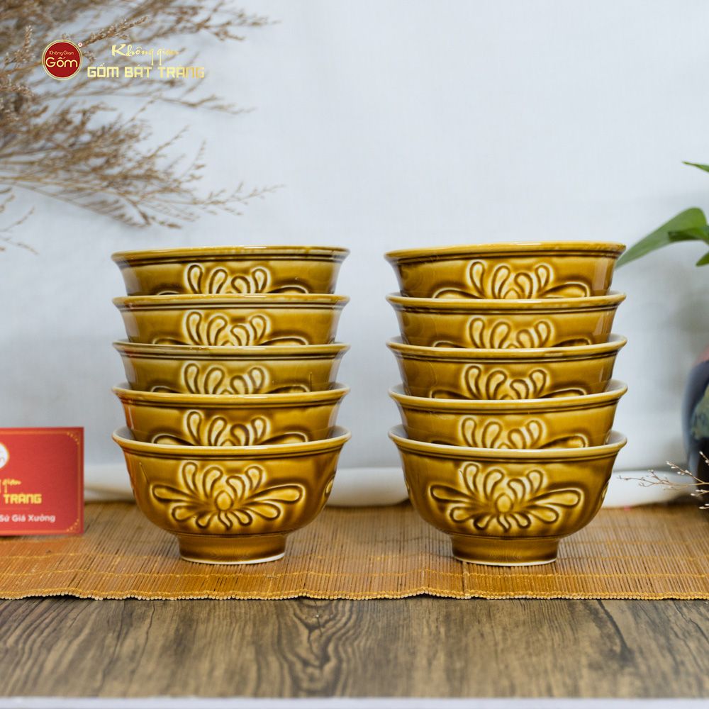 Bộ Bát Đĩa Men Nâu Vân Hoa Cúc