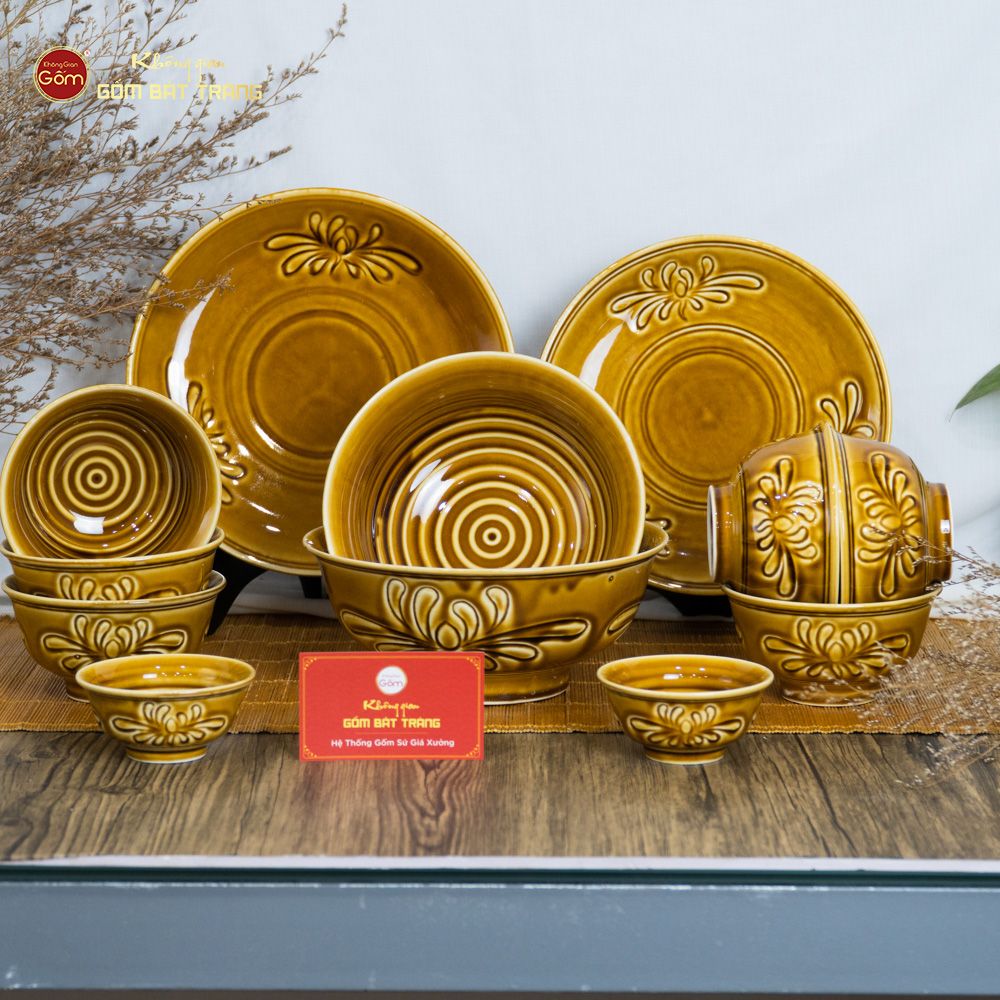 Bộ Bát Đĩa Men Nâu Vân Hoa Cúc