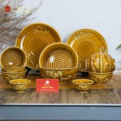 Bộ Bát Đĩa Men Nâu Vân Hoa Cúc