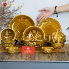 Bộ Bát Đĩa Men Nâu Vân Hoa Cúc