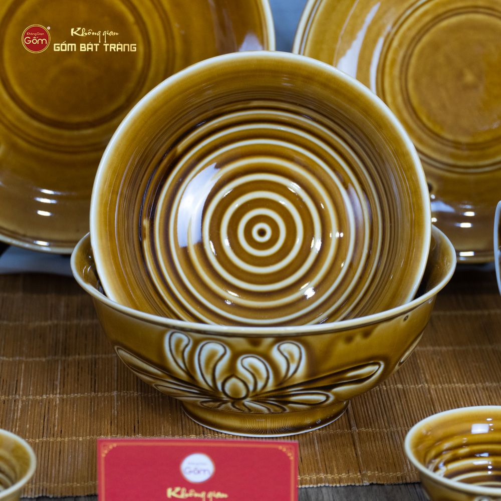 Bộ Bát Đĩa Men Nâu Vân Hoa Cúc