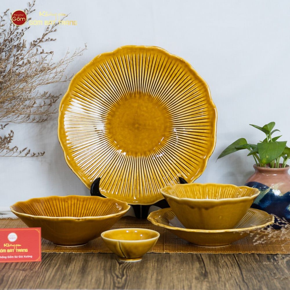 Bộ Bát Đĩa Men Nâu Vân Sen