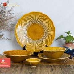 Bộ Bát Đĩa Men Nâu Vân Sen