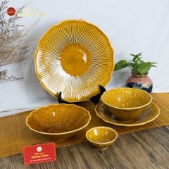 Bộ Bát Đĩa Men Nâu Vân Sen