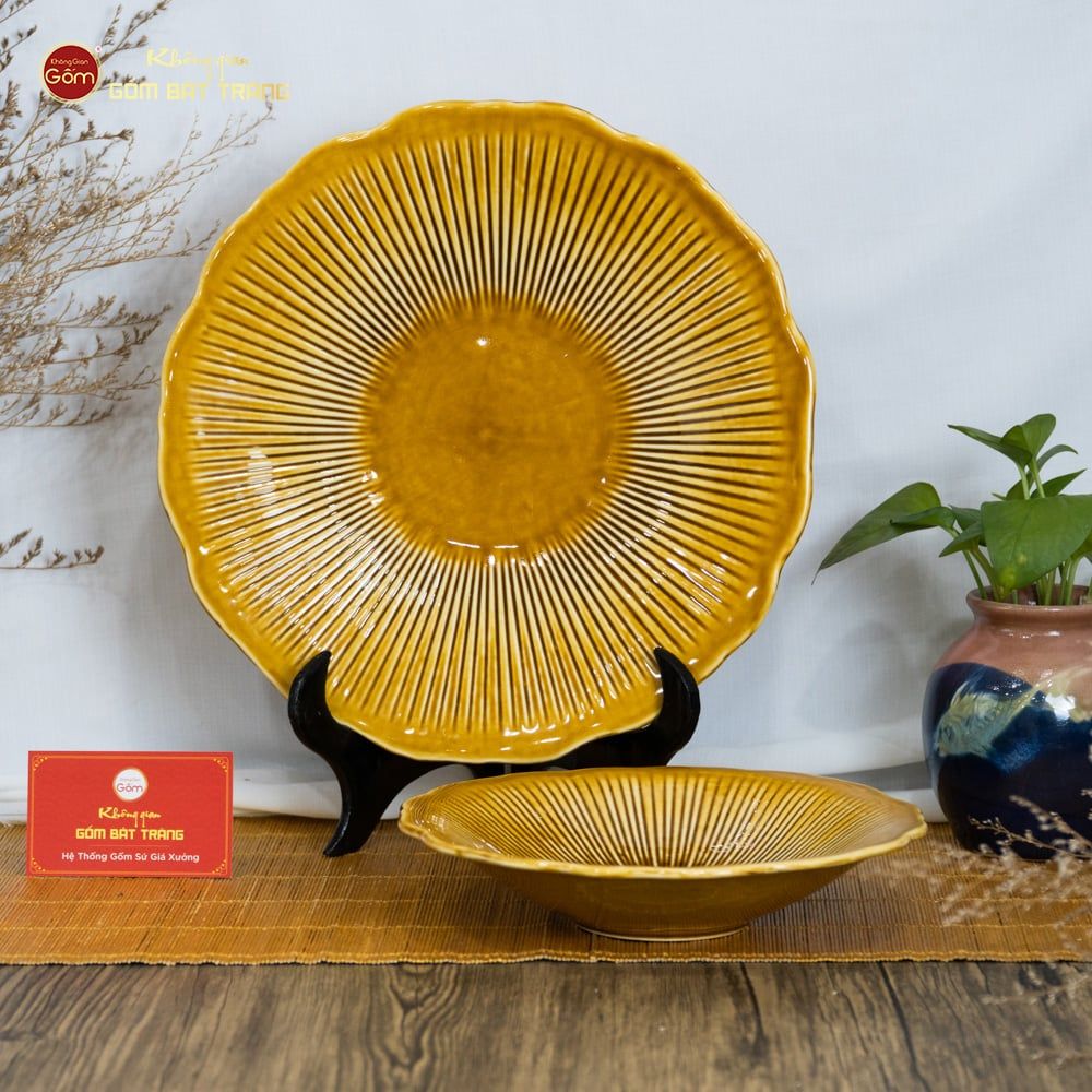 Bộ Bát Đĩa Men Nâu Vân Sen