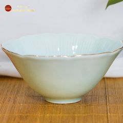 Bộ Bát Đĩa Men Xanh Ngọc Vân Sen Kẻ Vàng
