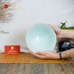 Bộ Bát Đĩa Men Xanh Ngọc Vân Sen Kẻ Vàng