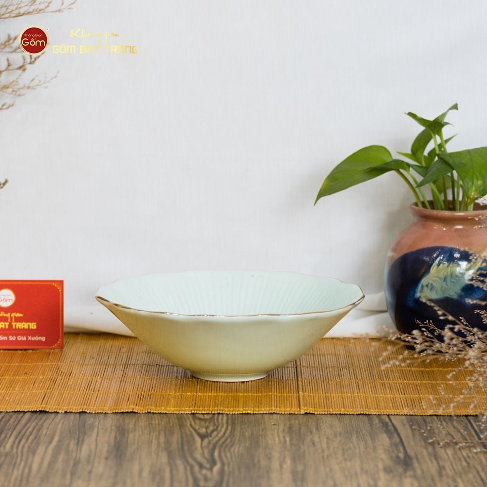 Bộ Bát Đĩa Men Xanh Ngọc Vân Sen Kẻ Vàng
