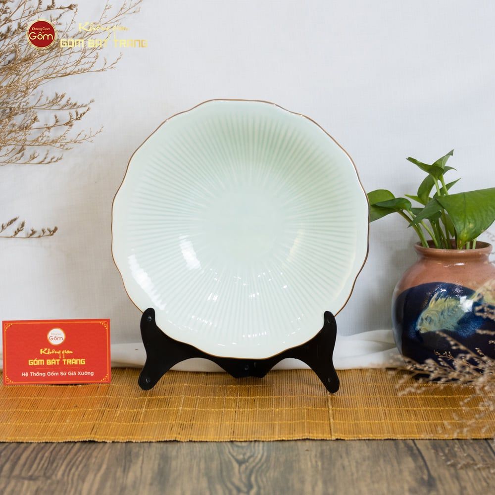 Đĩa Men Xanh Ngọc Vân Sen Kẻ Vàng