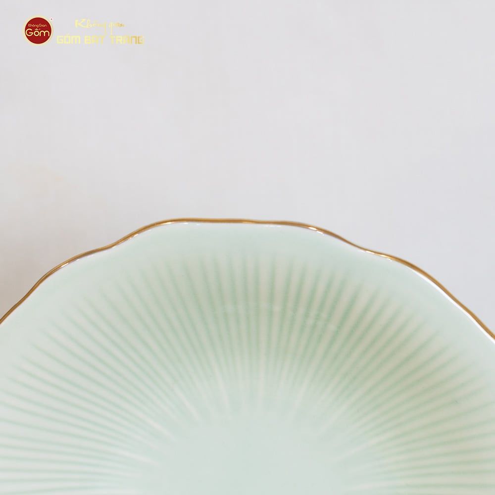 Bộ Bát Đĩa Men Xanh Ngọc Vân Sen Kẻ Vàng