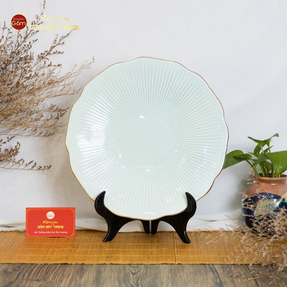 Đĩa Men Xanh Ngọc Vân Sen Kẻ Vàng