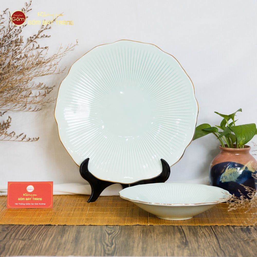 Đĩa Men Xanh Ngọc Vân Sen Kẻ Vàng