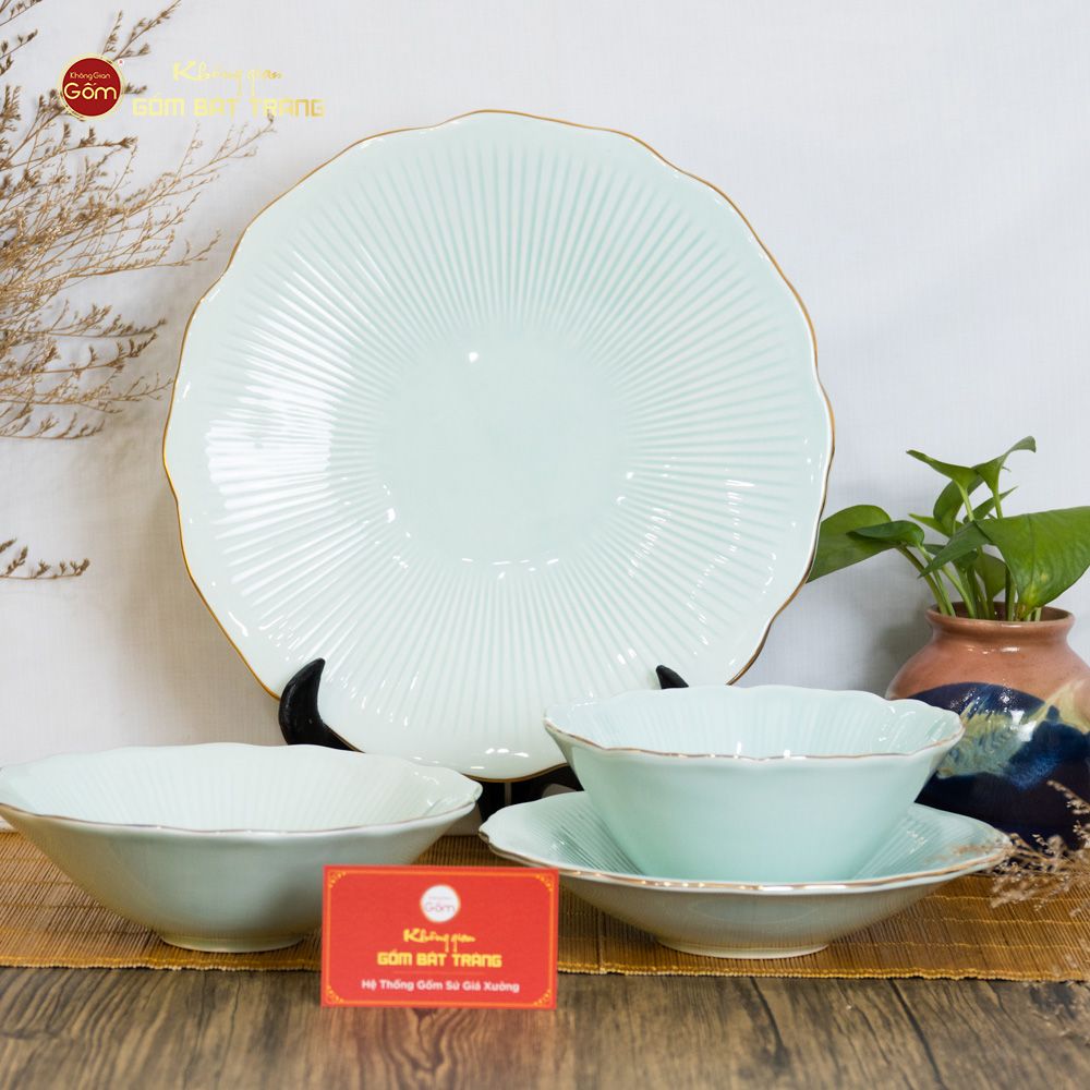 Bộ Bát Đĩa Men Xanh Ngọc Vân Sen Kẻ Vàng