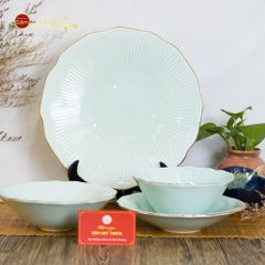 Bộ Bát Đĩa Men Xanh Ngọc Vân Sen Kẻ Vàng