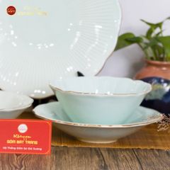Bộ Bát Đĩa Men Xanh Ngọc Vân Sen Kẻ Vàng