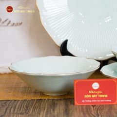 Bộ Bát Đĩa Men Xanh Ngọc Vân Sen Kẻ Vàng