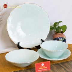 Bộ Bát Đĩa Men Xanh Ngọc Vân Sen Kẻ Vàng
