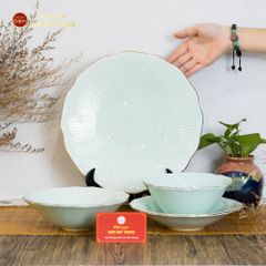 Bộ Bát Đĩa Men Xanh Ngọc Vân Sen Kẻ Vàng