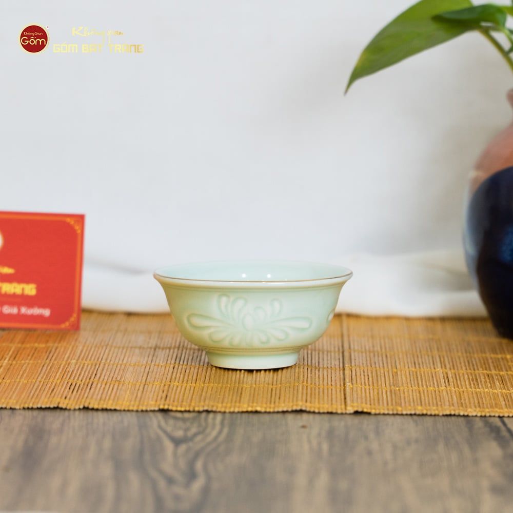 Bộ Bát Đĩa Men Xanh Ngọc Hoa Cúc Kẻ Vàng