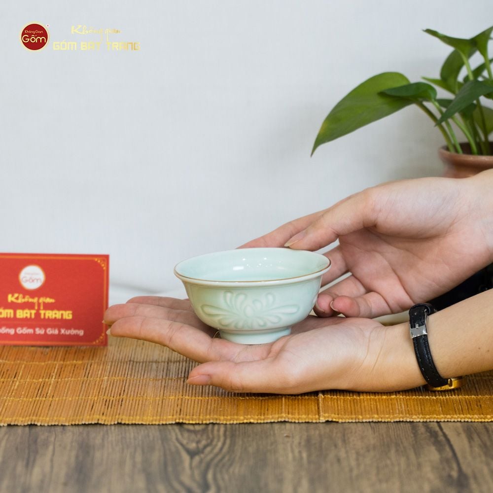 Bộ Bát Đĩa Men Xanh Ngọc Hoa Cúc Kẻ Vàng