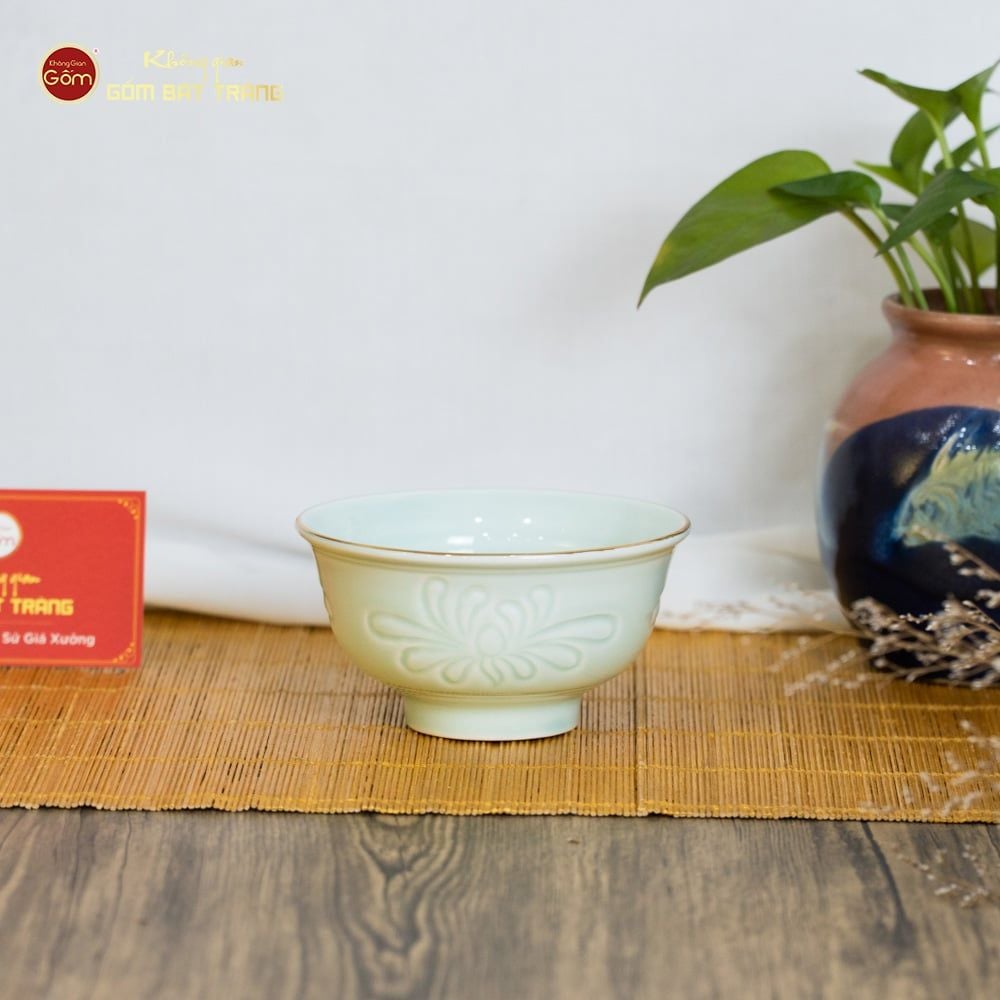 Bộ Bát Đĩa Men Xanh Ngọc Hoa Cúc Kẻ Vàng