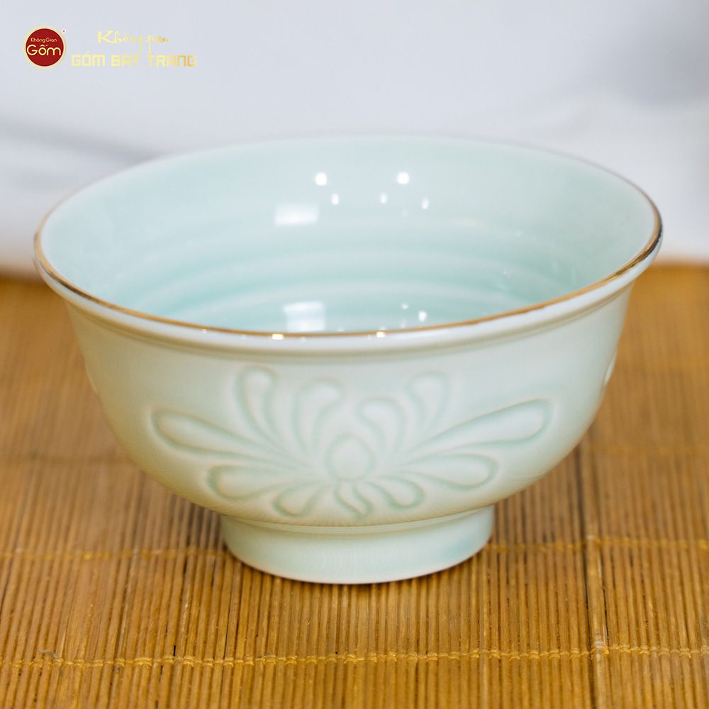 Bát Cơm Men Xanh Ngọc Hoa Cúc Kẻ Vàng